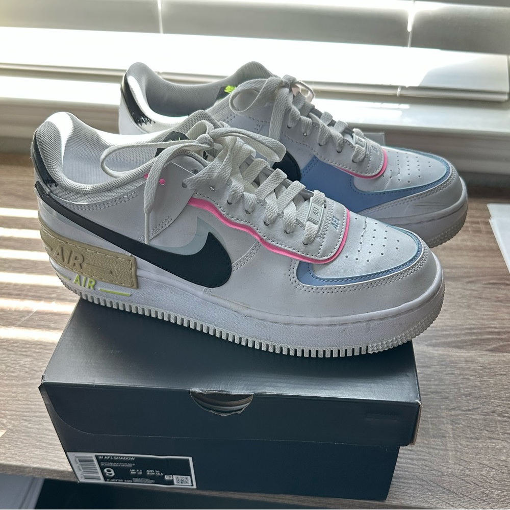 Nike Air Force 1 Shadow White with Black Swoosh & Gold Accents